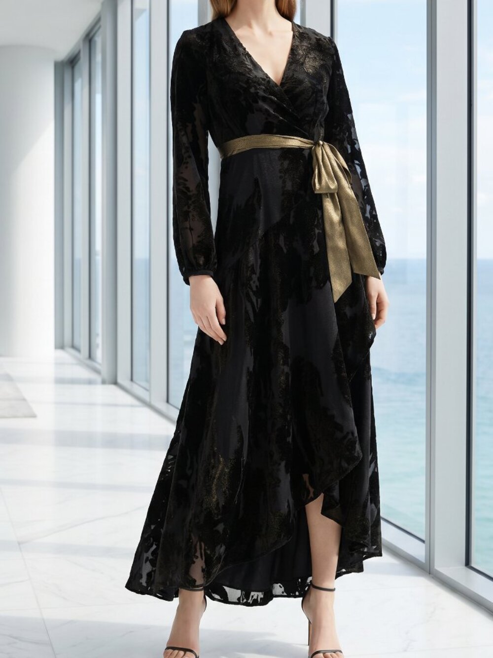 $438 HUTCH velvet Celine Dress black metallic bronze belt S
